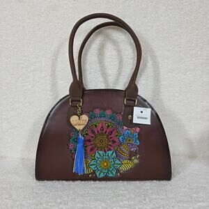 Colorful Mandala Embossed Hand Painted Mexican Brown Vegan Leather Dome Handbag